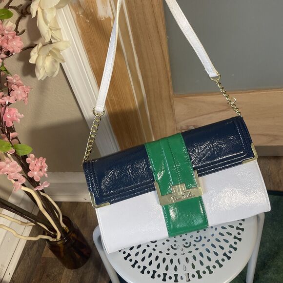 Designer Marc Fisher Handbag Croco Clutch Handbag Purse Green Blue White - Picture 1 of 9